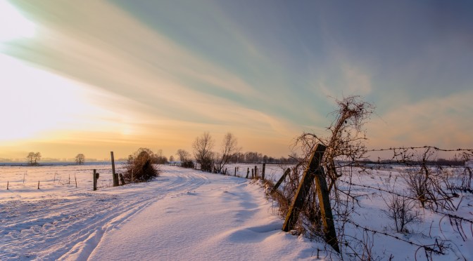 Snowy field with wooden fence under dramatic twilight sky