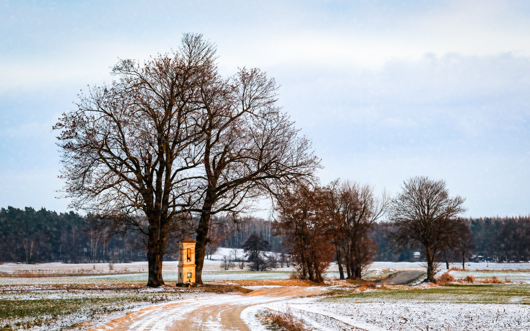 Small chapel between bare winter trees in a snow-covered countryside