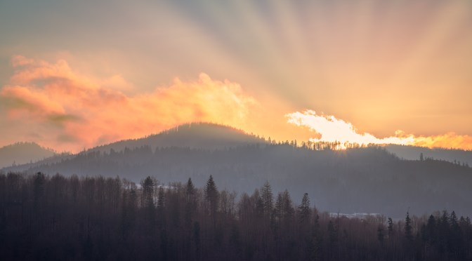 Sunset over a misty mountain forest with golden clouds