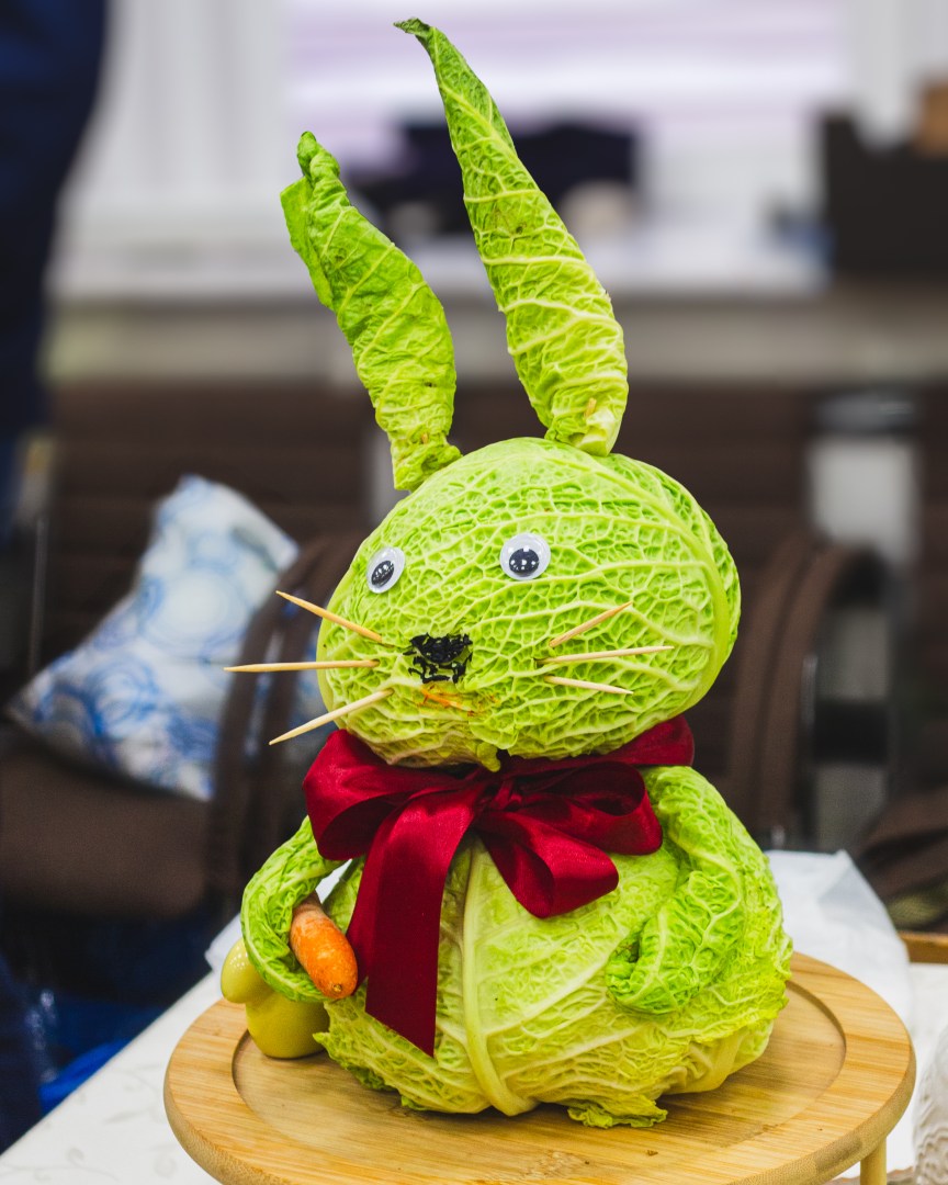 Bunny figure made from cabbage and vegetables