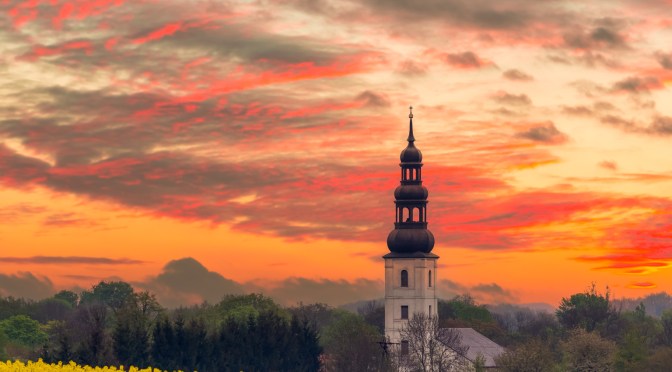 Church tower framed by blooming rapeseed fields at sunset in the Polish countryside, with dramatic clouds in the sky