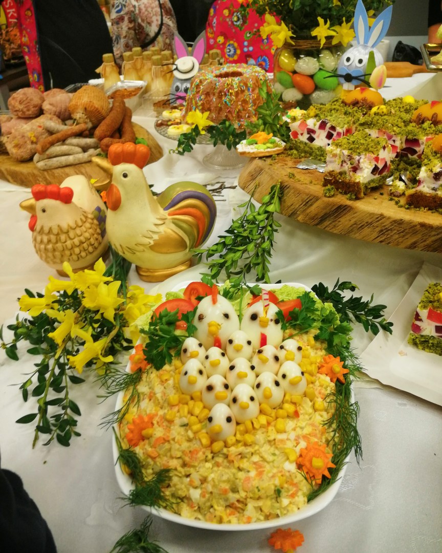 Table display with Polish Easter dishes and flowers