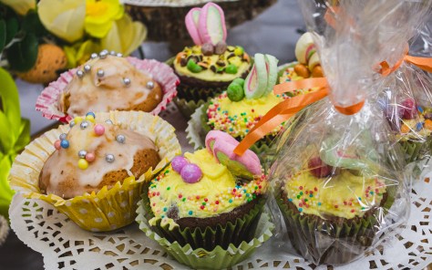Homemade Easter cupcakes and sweets in spring colors