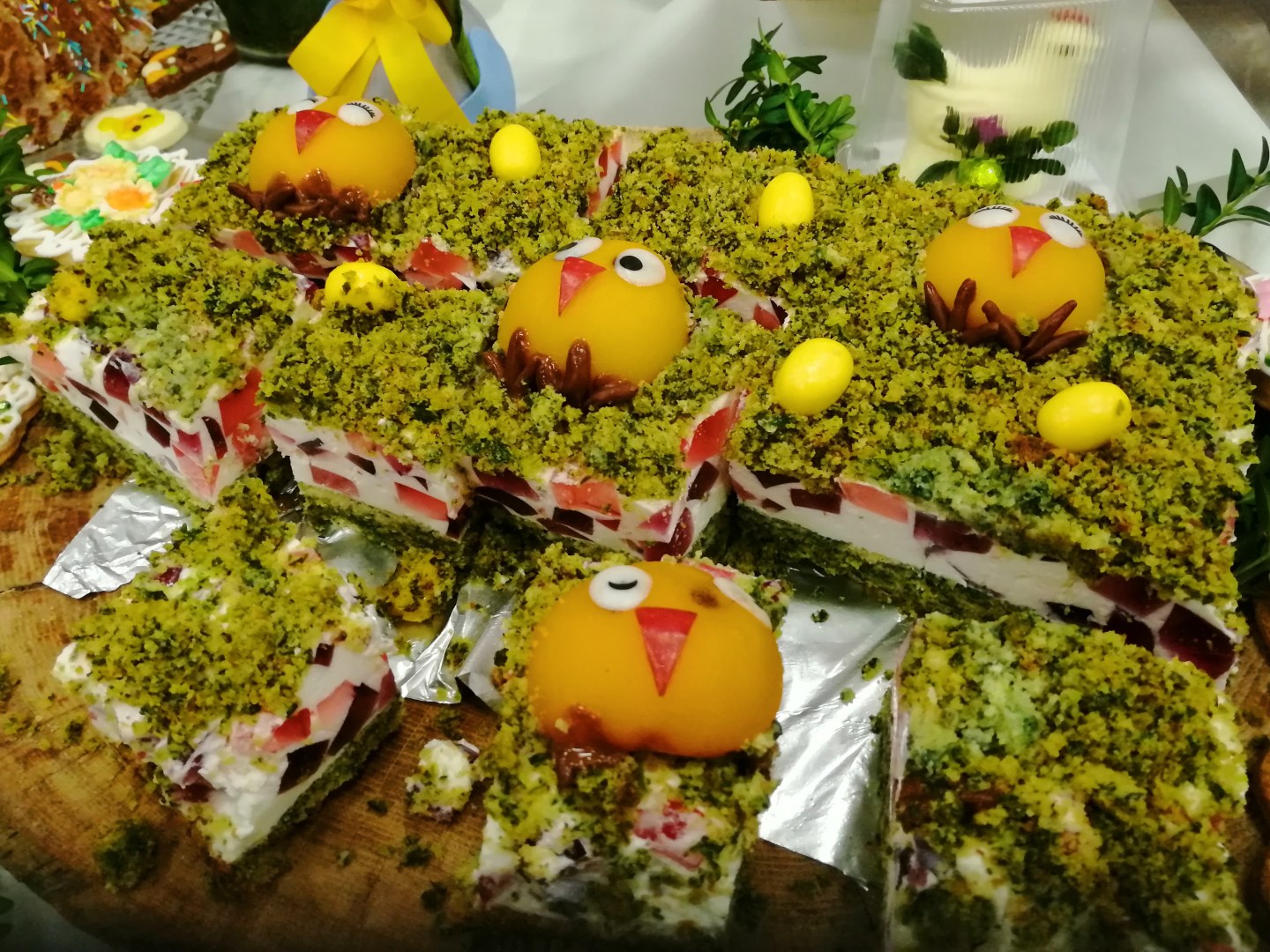 Easter sandwich cake decorated with chicks and cress