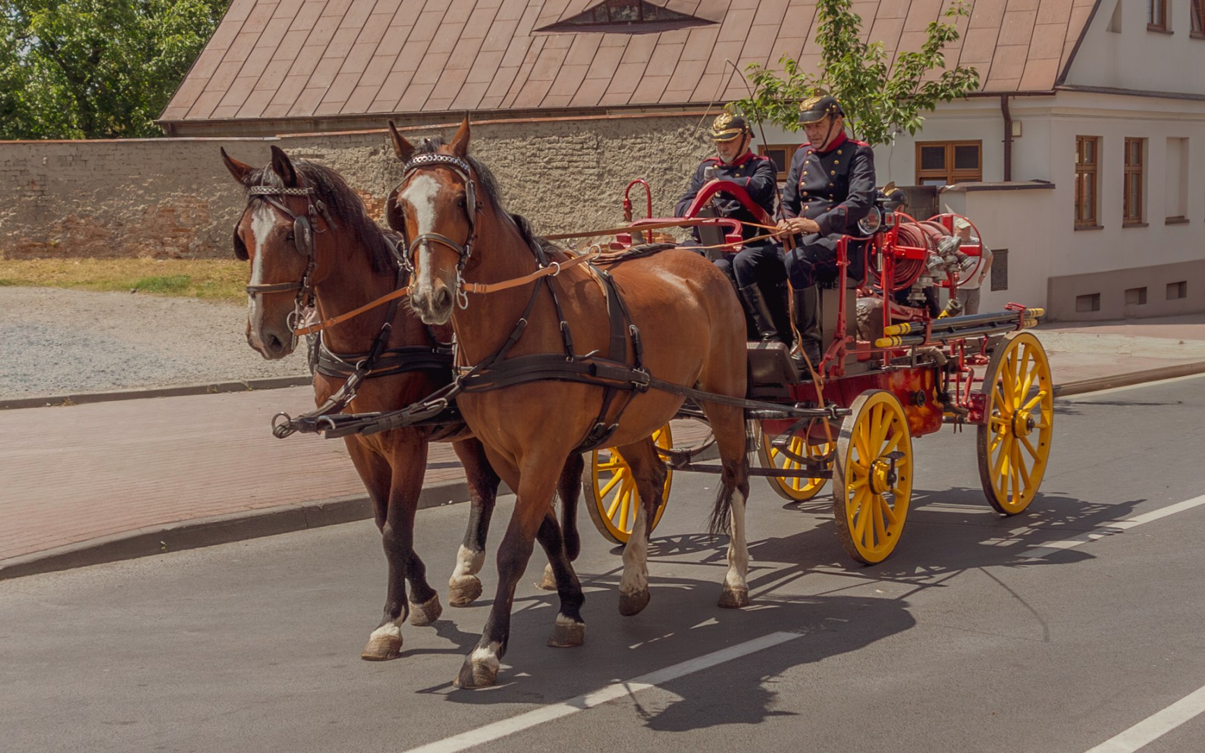 Vintage fire brigade in uniform leading a horse-drawn fire cart through the street during a 19th-century reenactment