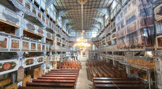 Full interior of the Church of Peace in Jawor, UNESCO wooden church in Poland