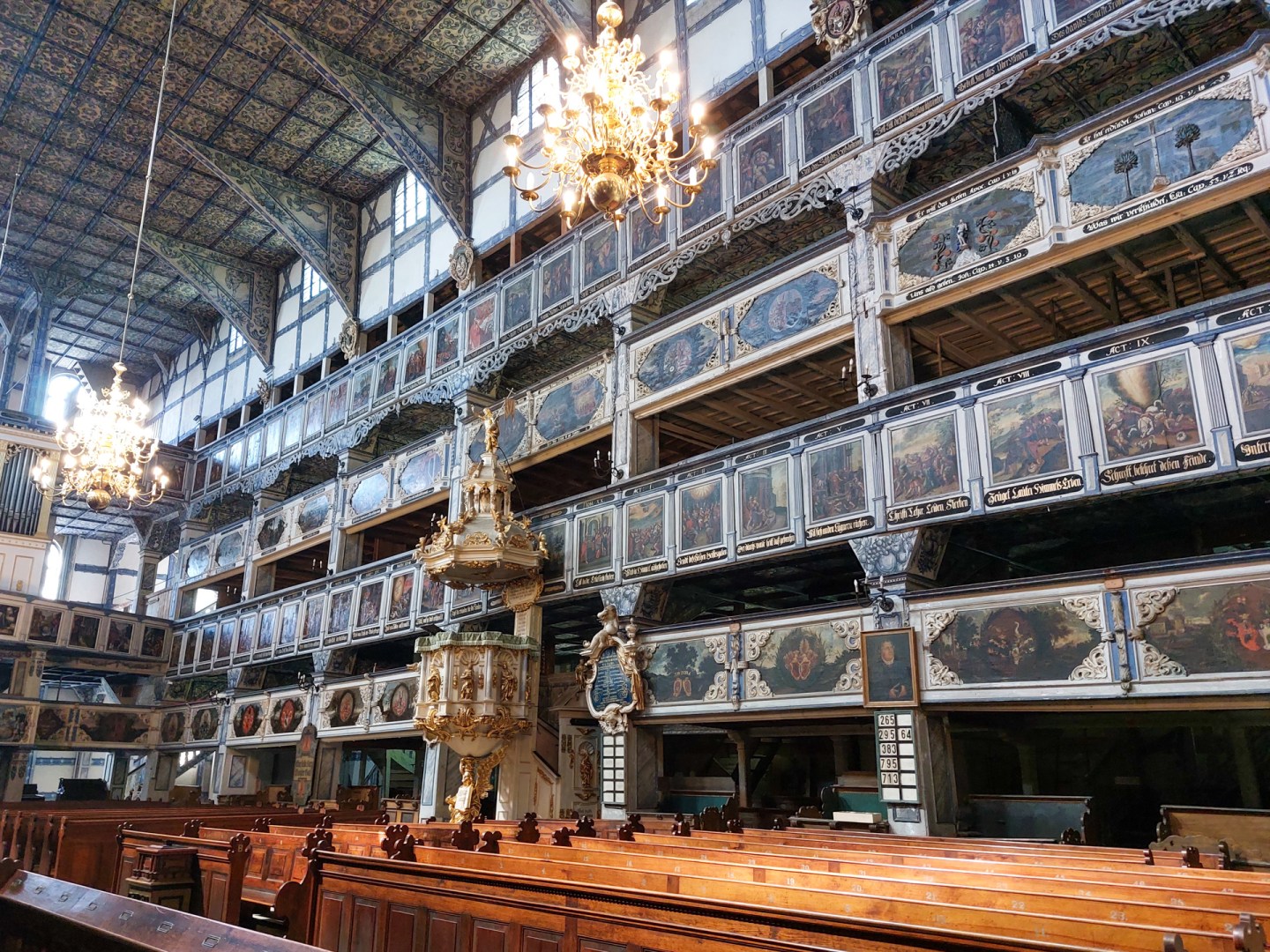Interior view with wooden galleries of the Church of Peace in Jawor, Lower Silesia