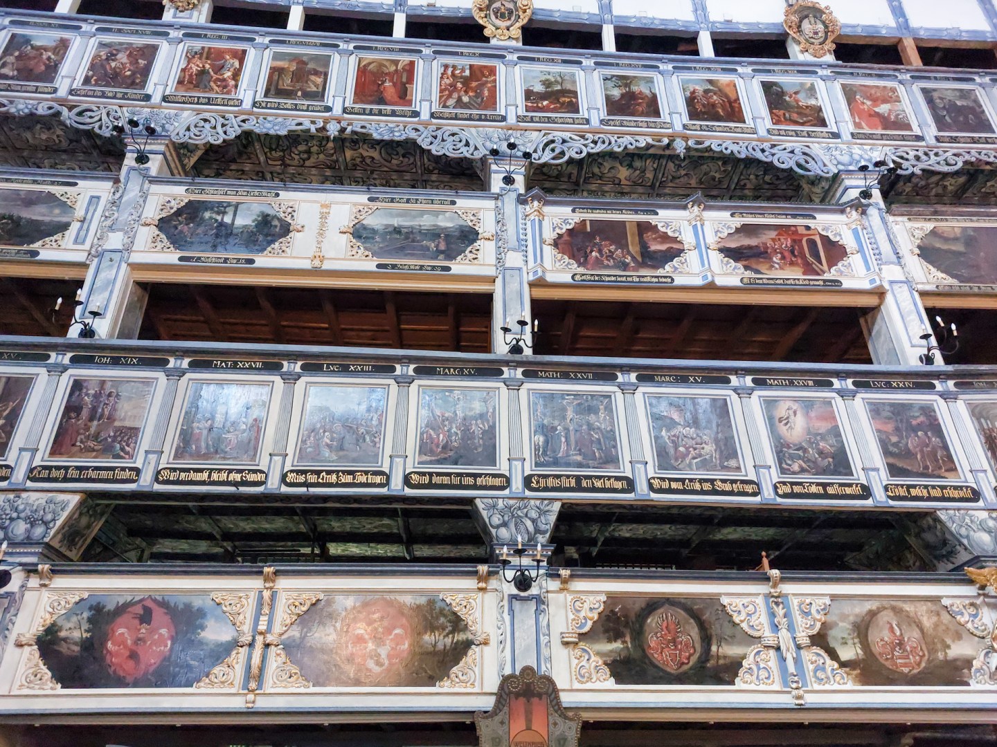 Close-up of painted wooden galleries in the Church of Peace, Jawor