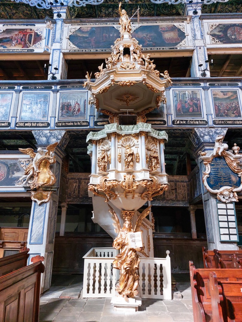 Ornate Baroque pulpit with golden carvings in the Church of Peace, Jawor