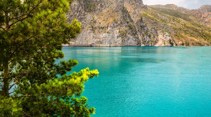 Mountain landscape with turquoise lake and pine trees in the foreground