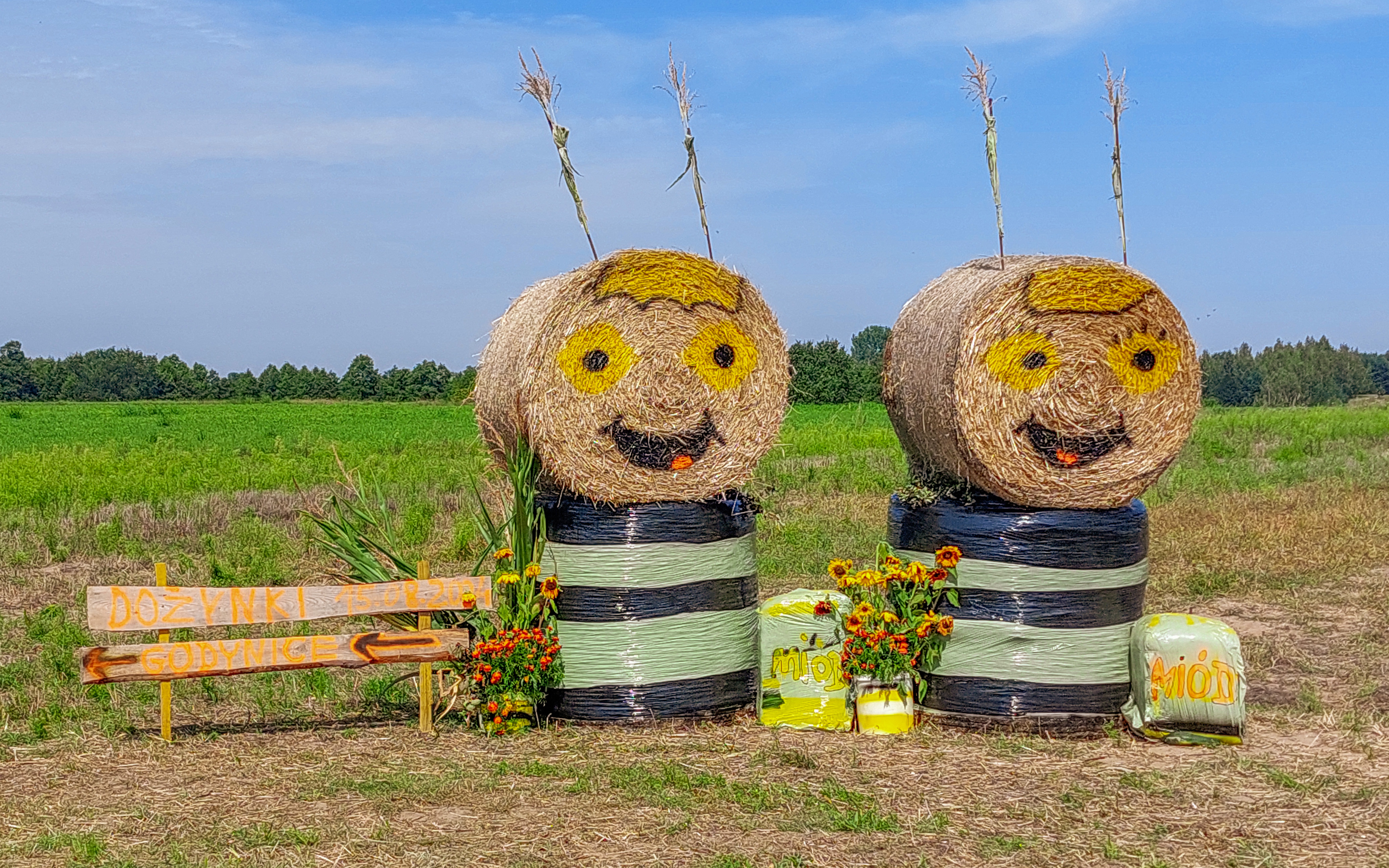 Smiling hay bale figures with painted faces at dożynki festival