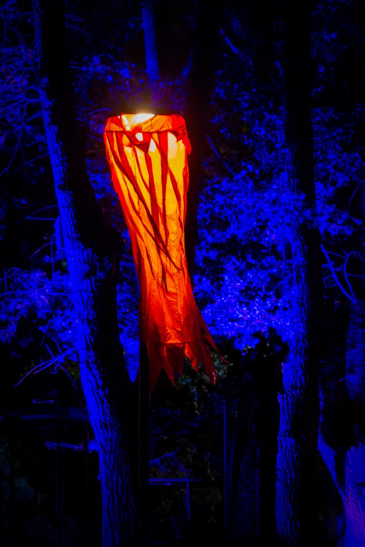 Bright orange lantern suspended among trees at the Light Move Festival 2025 in Łódź