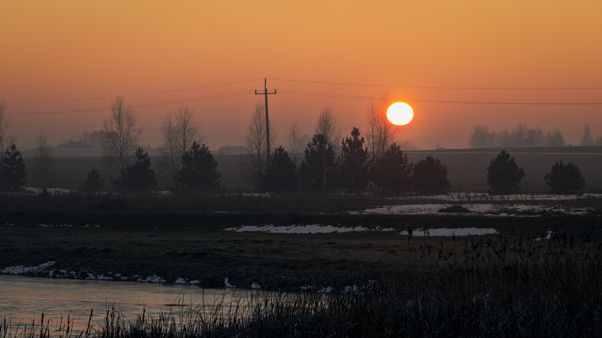 Quiet winter sunrise over a rural road, with soft haze, muted pastel sky, and bare trees during a cycling ride