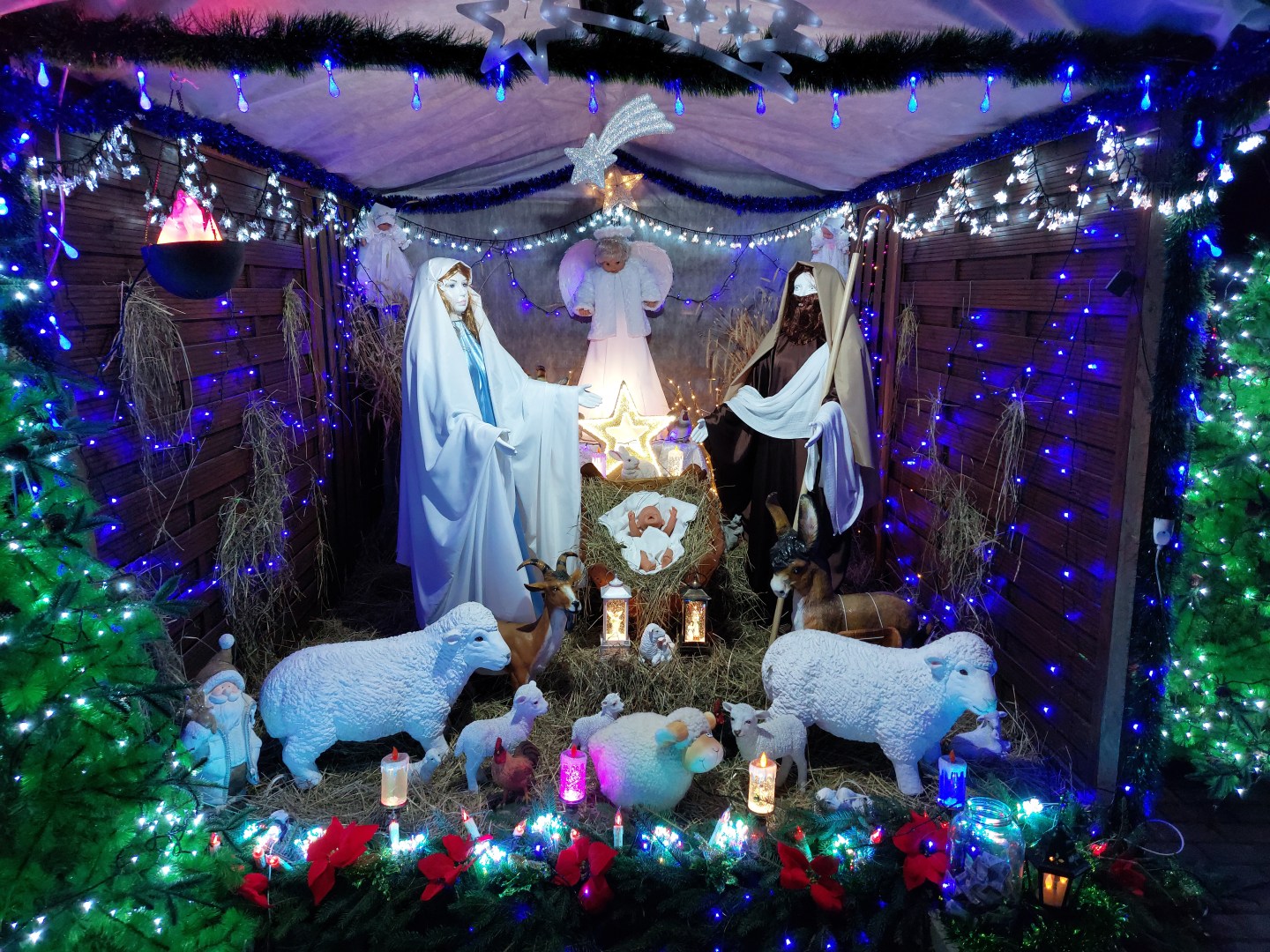Nativity scene with Holy Family, angel, and animals illuminated at Polish Las Vegas
