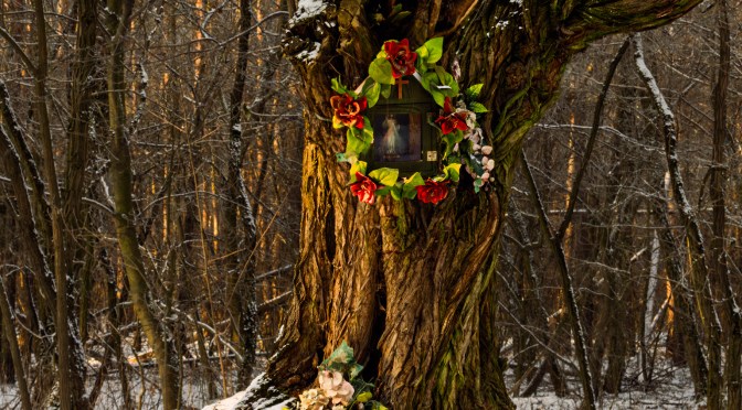 Roadside shrine in Poland during winter, decorated with flowers and candles, set in a quiet forest landscape