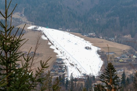 View of ski slopes in Wisła Malinka from Cieńków ridge in the Silesian Beskid Mountains